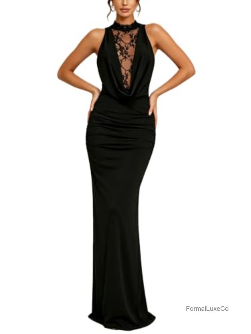 Lace Cowl Neck Maxi Dress Sleeveless Sheer Back Bodycon Formal